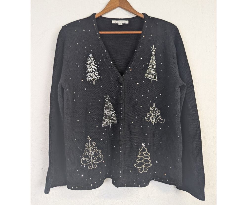 Vtg Mercer Street Studio Christmas Sweater Cardigan Sparkle Trees Womens Medium